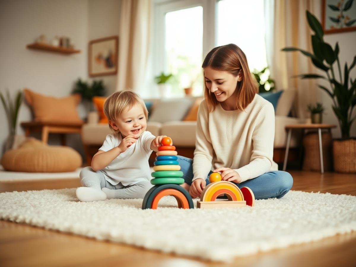 Mãe brincando com bebê usando brinquedos de encaixe no tapete