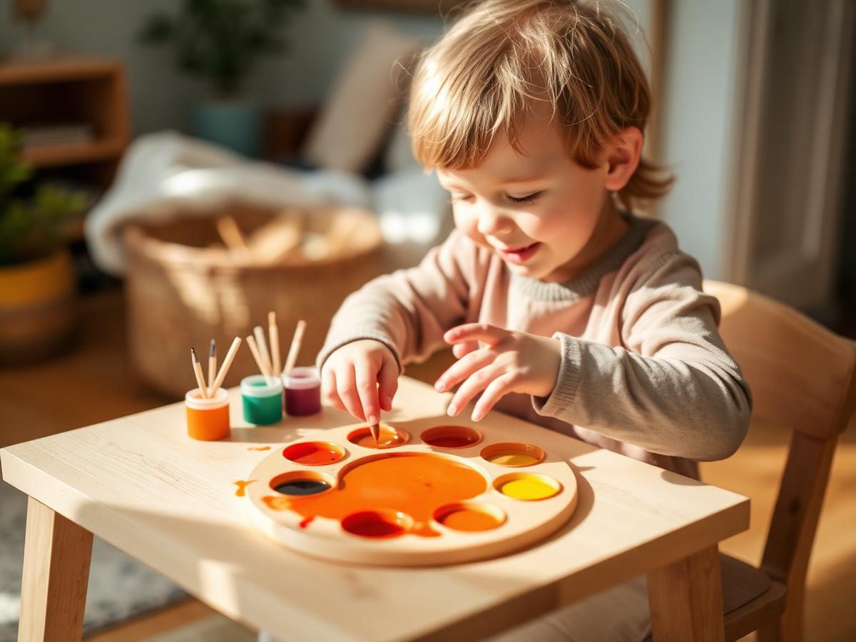 Criança pintando com tinta em uma mesa de madeira