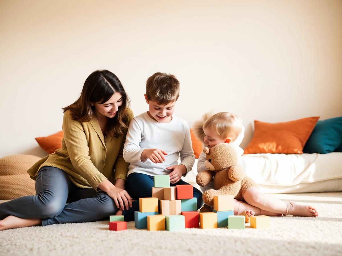 Família brincando com blocos coloridos no chão da sala